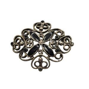 Vintage Black Glass Filigree Brooch Victorian Revival 1950s